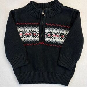 Gymboree Boys Holiday Sweater 6-12 Month Black Red 1/4 Mock Fair Isle Cotton